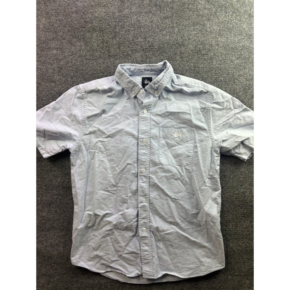 Stussy Oxford Button Up Shirt Mens Medium Blue Short Sleeve Logo Pocket